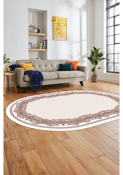 Çerçeveli Motifli Yıkanabilir Kaymaz Yolluk Mutfak Oval Salon Halısı, O-Çerçeveli-34-Kahve,