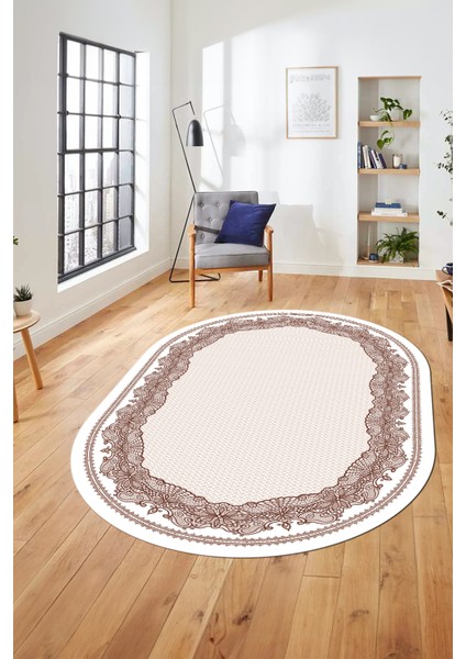 Çerçeveli Motifli Yıkanabilir Kaymaz Yolluk Mutfak Oval Salon Halısı, O-Çerçeveli-34-Kahve, fırsatları