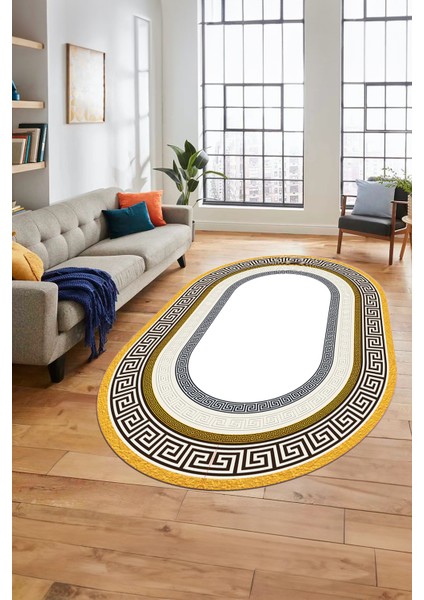 Dijital Kaymaz Yıkanabilir Çerçeveli Şık Tasarım Oval Mutfak Salon Halısı, O-Çerçeveli-03-Gold, indirimleri