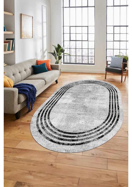Çerçeveli Modern Desen Yıkanabilir Kaymaz Yolluk Mutfak Oval Salon Halısı, O-Çerçeveli-32-Beyaz,
