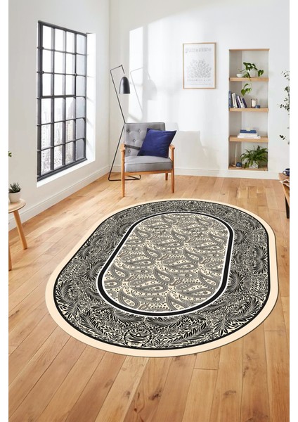 Çiçekli Tasarım Yıkanabilir Kaymaz Taban Çerçeveli Oval Mutfak Salon Halısı, O-Çerçeveli-37-Krem, fırsatları