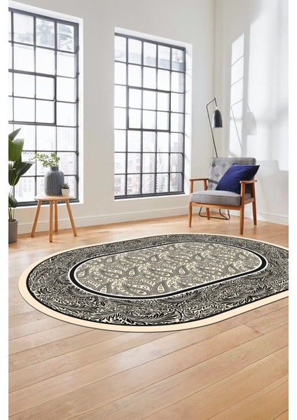 Çiçekli Tasarım Yıkanabilir Kaymaz Taban Çerçeveli Oval Mutfak Salon Halısı, O-Çerçeveli-37-Krem, indirimleri