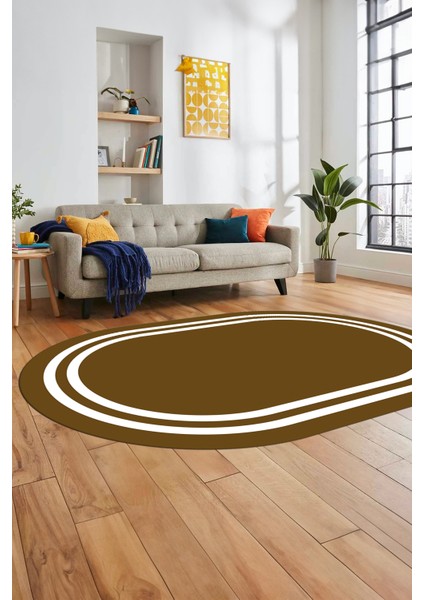 Sade Düz Renk Çerçeveli Yıkanabilir Modern Yolluk Mutfak Oval Salon Halısı, O-Çerçeveli-38-Kahve,