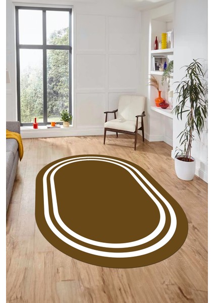 Sade Düz Renk Çerçeveli Yıkanabilir Modern Yolluk Mutfak Oval Salon Halısı, O-Çerçeveli-38-Kahve, fiyatları