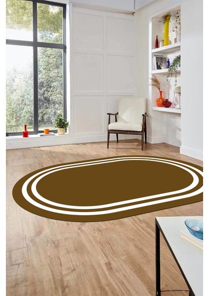 Sade Düz Renk Çerçeveli Yıkanabilir Modern Yolluk Mutfak Oval Salon Halısı, O-Çerçeveli-38-Kahve, modelleri