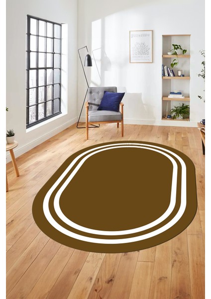 Sade Düz Renk Çerçeveli Yıkanabilir Modern Yolluk Mutfak Oval Salon Halısı, O-Çerçeveli-38-Kahve, fırsatları