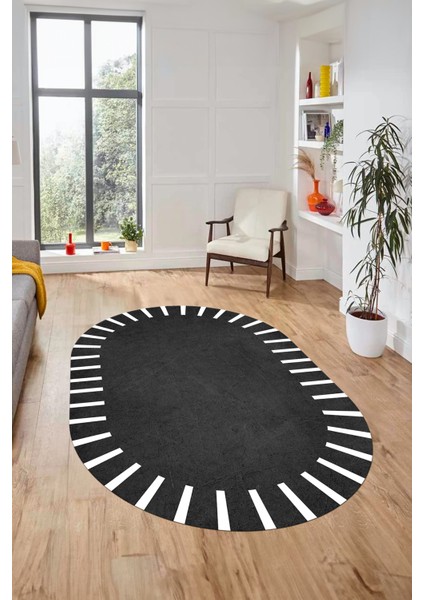 Şık Tasarım Yıkanabilir Kaymaz Çerçeveli Yolluk Mutfak Oval Salon Halısı, O-Çerçeveli-40-Antrasit,
