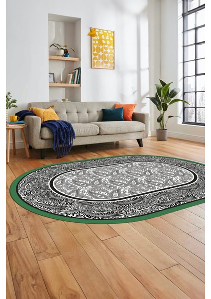 Çiçekli Tasarım Yıkanabilir Kaymaz Taban Çerçeveli Oval Mutfak Salon Halısı, O-Çerçeveli-37-Beyaz,