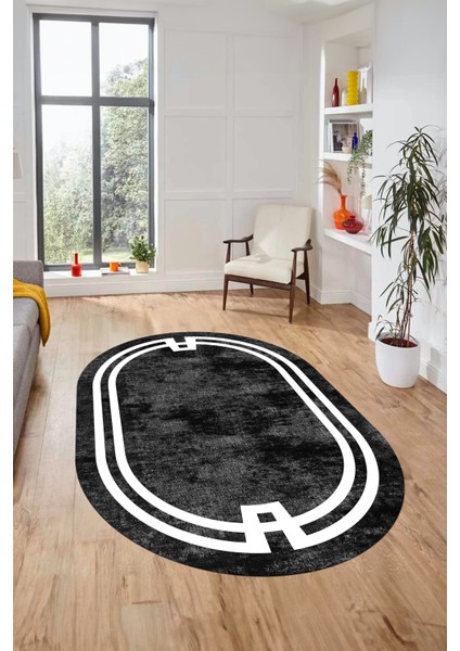 Çerçeveli Sade Desen Yıkanabilir Kaymaz Yolluk Mutfak Oval Salon Halısı, O-Çerçeveli-33-Antrasit, fiyatları
