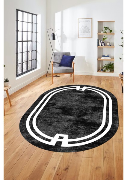 Çerçeveli Sade Desen Yıkanabilir Kaymaz Yolluk Mutfak Oval Salon Halısı, O-Çerçeveli-33-Antrasit, fırsatları