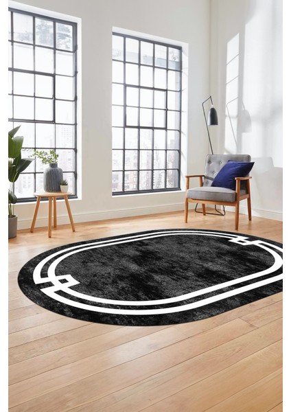 Çerçeveli Sade Desen Yıkanabilir Kaymaz Yolluk Mutfak Oval Salon Halısı, O-Çerçeveli-33-Antrasit, indirimleri