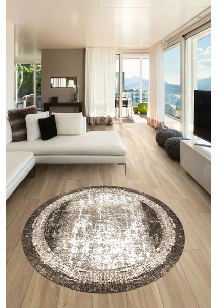 Sade Çerçeve Desen Modern Yıkanabilir Yolluk Mutfak Yuvarlak Salon Halısı, Y-Çerçeveli-14-Kahve,