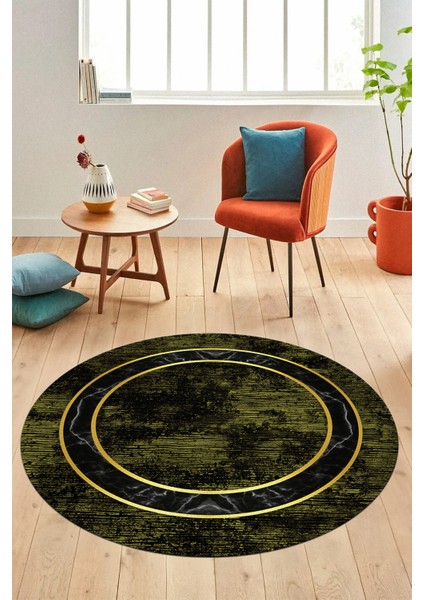Mermer Çerçeve Desen Modern Yıkanabilir Yolluk Mutfak Yuvarlak Salon Halısı, Y-Çerçeveli-18-Yeşil,