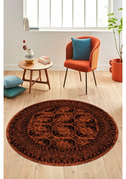 Etnik Çerçeve Desen Modern Yıkanabilir Yolluk Mutfak Yuvarlak Salon Halısı, Y-Çerçeveli-20-Kahve,