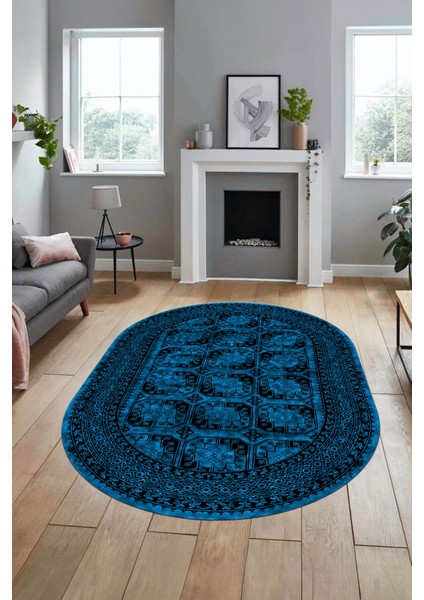 Etnik Çerçeve Desen Modern Yıkanabilir Yolluk Mutfak Oval Salon Halısı, O-Çerçeveli-20-Mavi,