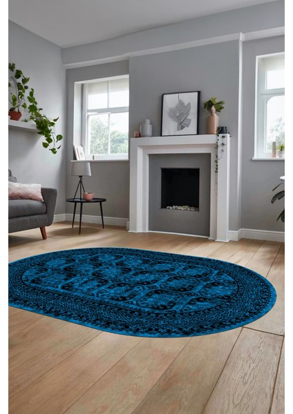 Etnik Çerçeve Desen Modern Yıkanabilir Yolluk Mutfak Oval Salon Halısı, O-Çerçeveli-20-Mavi,