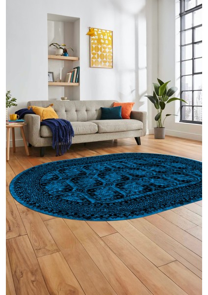Etnik Çerçeve Desen Modern Yıkanabilir Yolluk Mutfak Oval Salon Halısı, O-Çerçeveli-20-Mavi,