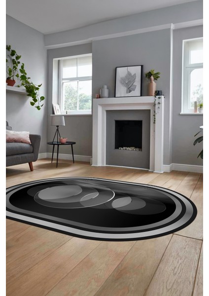 Modern Çerçeve Desen Yıkanabilir Kaymaz Yolluk Mutfak Oval Salon Halısı, O-Çerçeveli-24-Antrasit,