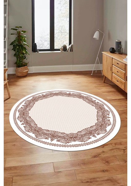Çerçeveli Motifli Yıkanabilir Kaymaz Yolluk Mutfak Yuvarlak Salon Halısı, Y-Çerçeveli-34-Kahve,