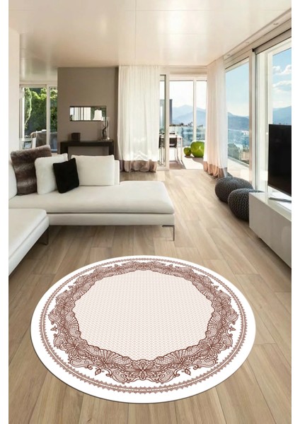 Çerçeveli Motifli Yıkanabilir Kaymaz Yolluk Mutfak Yuvarlak Salon Halısı, Y-Çerçeveli-34-Kahve,