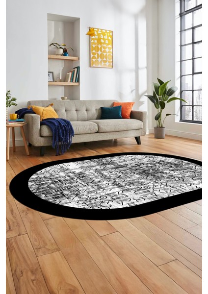 Iskandinav Çerçeve Desen Modern Yıkanabilir Yolluk Mutfak Oval Salon Halısı, O-Çerçeveli-16-Siyah, fırsatları