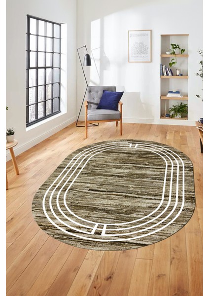 Şık Tasarım Yıkanabilir Kaymaz Çerçeveli Modern Oval Yolluk Salon Halısı, O-Çerçeveli-42-Kahve, modelleri