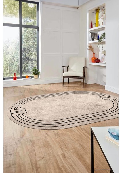 Zarif Tasarım Yıkanabilir Kaymaz Çerçeveli Oval Yolluk Mutfak Salon Halısı, O-Çerçeveli-43-Bej, fiyatları