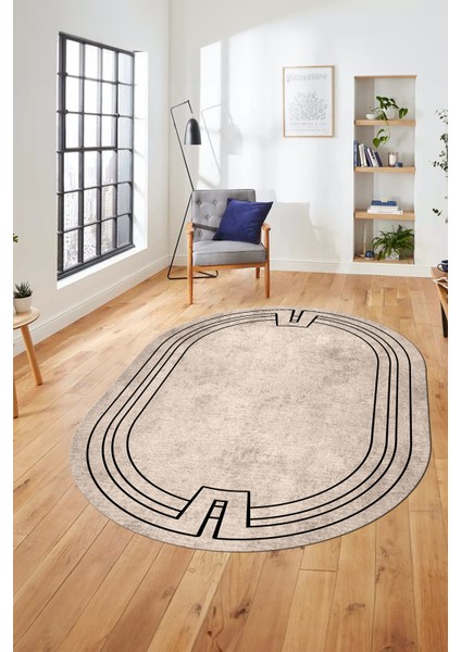 Zarif Tasarım Yıkanabilir Kaymaz Çerçeveli Oval Yolluk Mutfak Salon Halısı, O-Çerçeveli-43-Bej, modelleri