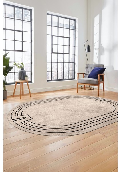 Zarif Tasarım Yıkanabilir Kaymaz Çerçeveli Oval Yolluk Mutfak Salon Halısı, O-Çerçeveli-43-Bej, fırsatları