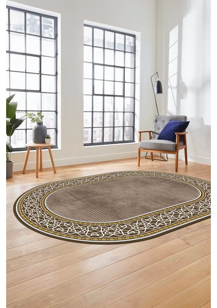 Dijital Kaymaz Yıkanabilir Çerçeveli Yolluk Mutfak Oval Salon Halısı, O-Çerçeveli-35-Kahve, indirimleri