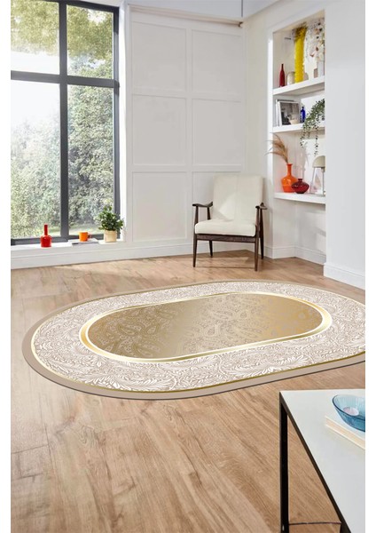 Çiçekli Tasarım Yıkanabilir Kaymaz Taban Çerçeveli Oval Mutfak Salon Halısı, O-Çerçeveli-37-Gold, modelleri