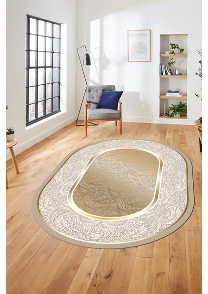 Çiçekli Tasarım Yıkanabilir Kaymaz Taban Çerçeveli Oval Mutfak Salon Halısı, O-Çerçeveli-37-Gold, fırsatları