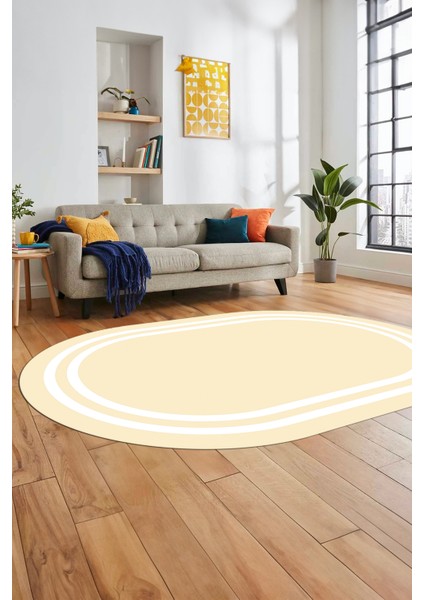Sade Düz Renk Çerçeveli Yıkanabilir Modern Yolluk Mutfak Oval Salon Halısı, O-Çerçeveli-38-Krem,