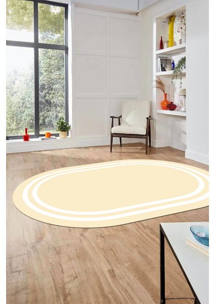 Sade Düz Renk Çerçeveli Yıkanabilir Modern Yolluk Mutfak Oval Salon Halısı, O-Çerçeveli-38-Krem, modelleri