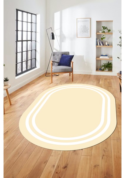 Sade Düz Renk Çerçeveli Yıkanabilir Modern Yolluk Mutfak Oval Salon Halısı, O-Çerçeveli-38-Krem, fırsatları
