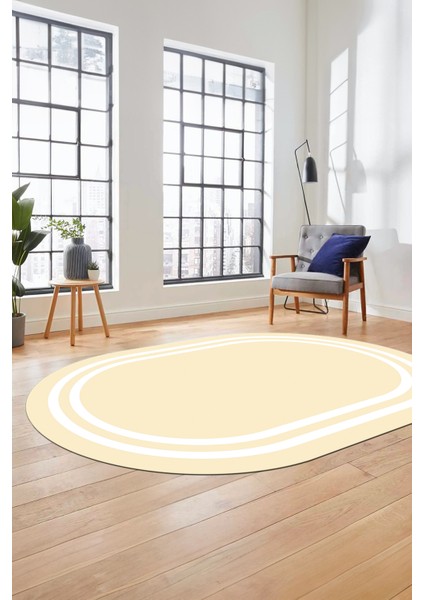 Sade Düz Renk Çerçeveli Yıkanabilir Modern Yolluk Mutfak Oval Salon Halısı, O-Çerçeveli-38-Krem, indirimleri