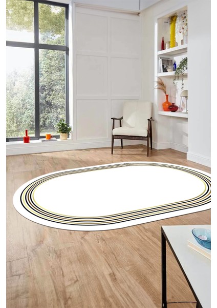 Dijital Kaymaz Yıkanabilir Modern Sade Çerçeveli Oval Yolluk Salon Halısı, O-Çerçeveli-45-Beyaz,