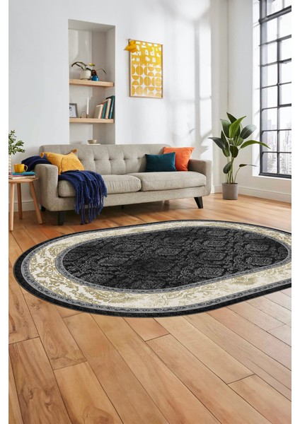Şık Çerçeve Desenli Modern Yıkanabilir Yolluk Mutfak Oval Salon Halısı, O-Çerçeveli-21-Antrasit, modelleri