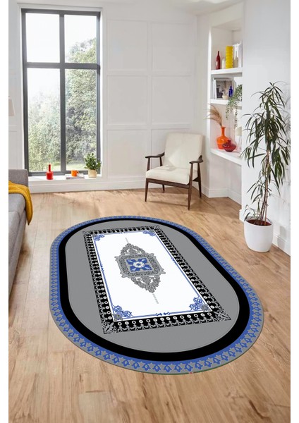 Klasik Çerçeve Desen Yıkanabilir Kaymaz Yolluk Mutfak Oval Salon Halısı, O-Çerçeveli-23-Mavi,