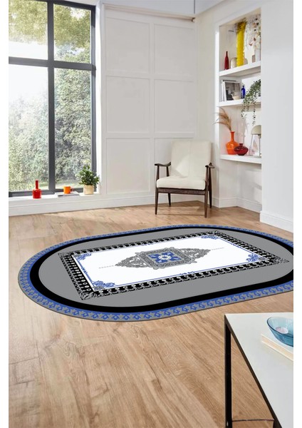 Klasik Çerçeve Desen Yıkanabilir Kaymaz Yolluk Mutfak Oval Salon Halısı, O-Çerçeveli-23-Mavi,