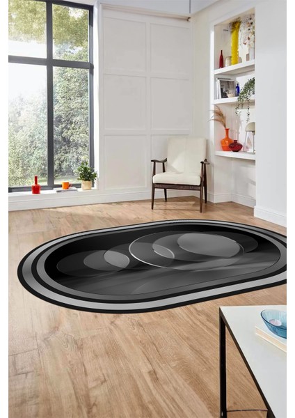 Modern Çerçeve Desen Yıkanabilir Kaymaz Yolluk Mutfak Oval Salon Halısı, O-Çerçeveli-24-Antrasit, indirimleri
