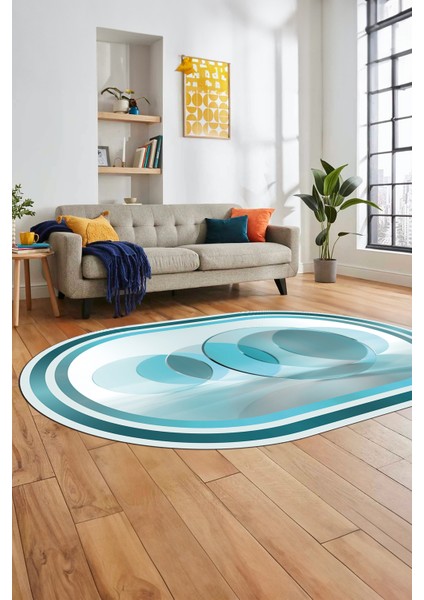 Modern Çerçeve Desen Yıkanabilir Kaymaz Yolluk Mutfak Oval Salon Halısı, O-Çerçeveli-24-Mavi, modelleri