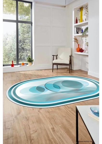 Modern Çerçeve Desen Yıkanabilir Kaymaz Yolluk Mutfak Oval Salon Halısı, O-Çerçeveli-24-Mavi, indirimleri