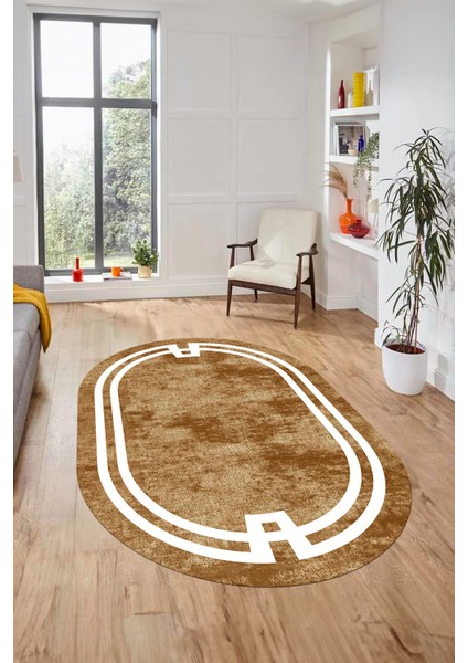 Çerçeveli Sade Desen Yıkanabilir Kaymaz Yolluk Mutfak Oval Salon Halısı, O-Çerçeveli-33-Kahve, fiyatları