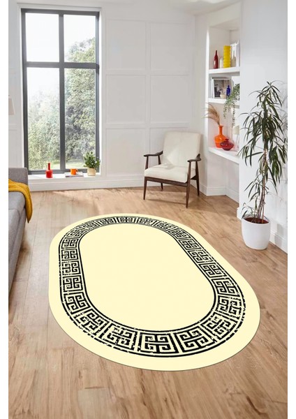 Yeni Şık Tasarım Yıkanabilir Kaymaz Taban Çerçeveli Oval Mutfak Salon Halısı, O-Çerçeveli-36-Krem, fiyatları