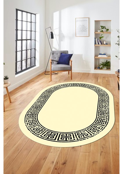 Yeni Şık Tasarım Yıkanabilir Kaymaz Taban Çerçeveli Oval Mutfak Salon Halısı, O-Çerçeveli-36-Krem, fırsatları