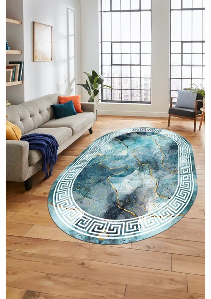 Mermer Çerçeve Desen Modern Yıkanabilir Yolluk Mutfak Oval Salon Halısı, O-Çerçeveli-17-Mavi, modelleri