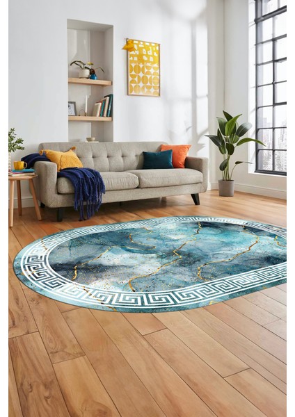 Mermer Çerçeve Desen Modern Yıkanabilir Yolluk Mutfak Oval Salon Halısı, O-Çerçeveli-17-Mavi, fırsatları