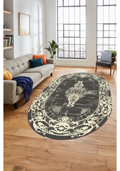 Klasik Çerçeve Desen Modern Yıkanabilir Yolluk Mutfak Oval Salon Halısı, O-Çerçeveli-19-Krem,