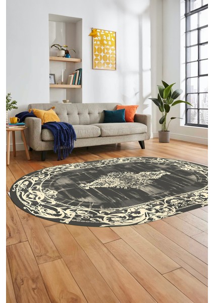 Klasik Çerçeve Desen Modern Yıkanabilir Yolluk Mutfak Oval Salon Halısı, O-Çerçeveli-19-Krem,